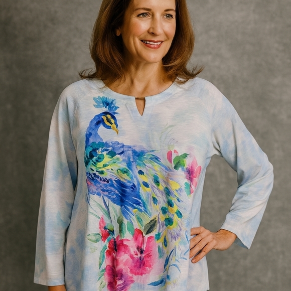 Alfred Dunner Tops - Alfred Dunner Woman 2X Blue Peacock Floral Watercolor Print 3/4 Sleeve Top